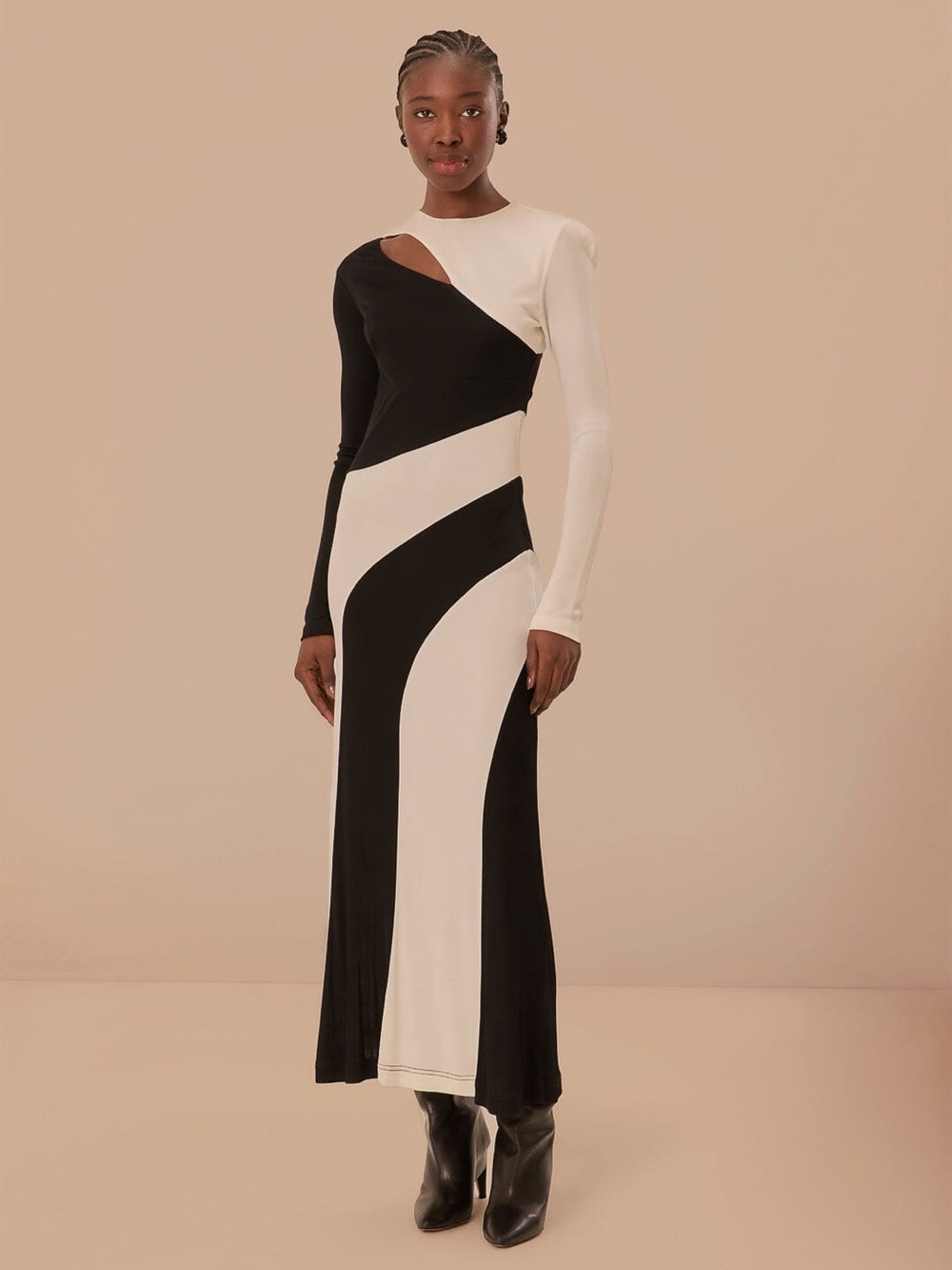 Farm Rio Black And White Cut-Out Long Sleeve Midi Dress